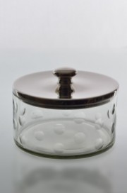 Fantastic small Barbara candy storage jar with dimples around the glass. Aluminium lid. Comes in three sizes. a) 14909- H13x21cm b)14910-H25x31cm c)14920- H33x21cm